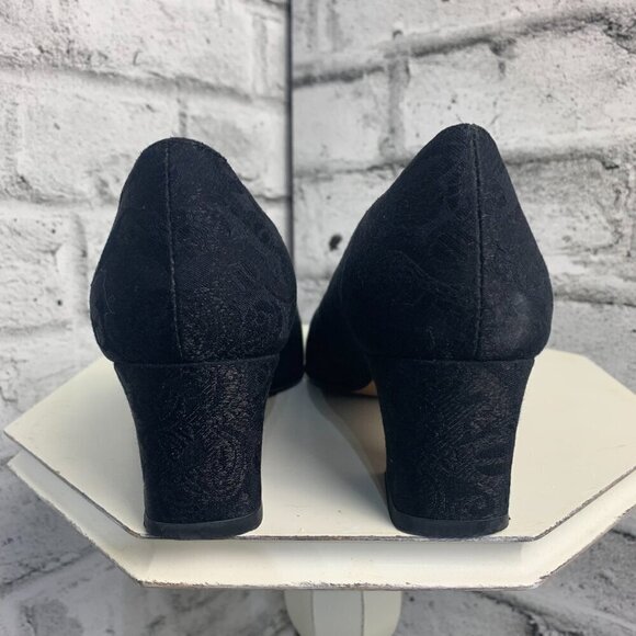 Enzo Angiolini Square Toe Mid Low Block Heel Black Floral Fabric Leather Pump - Picture 6 of 10